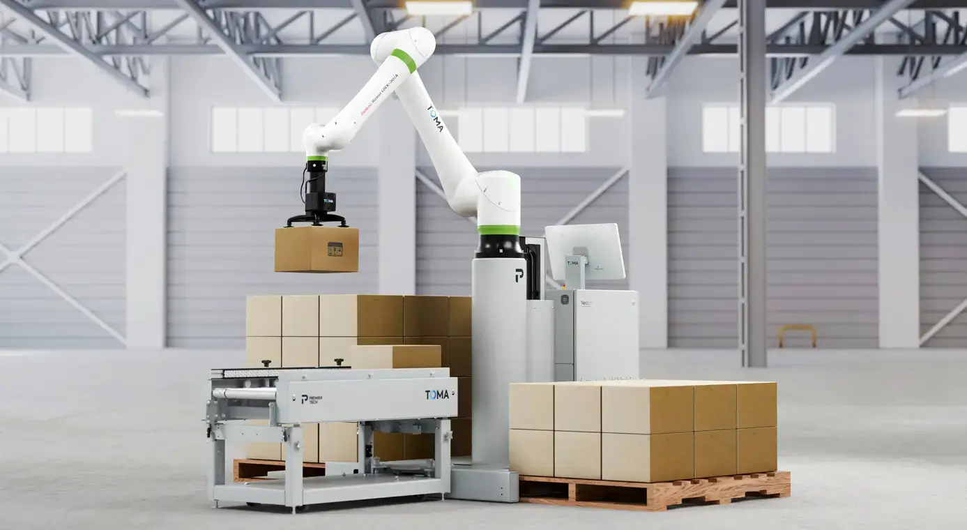 TOMA palletizer picking boxes from a conveyor and placing them on pallets