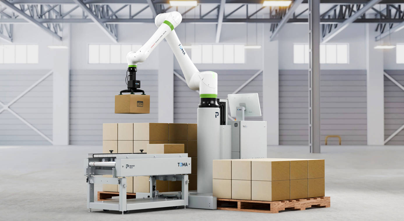 TOMA palletizer picking boxes from a conveyor and placing them on pallets