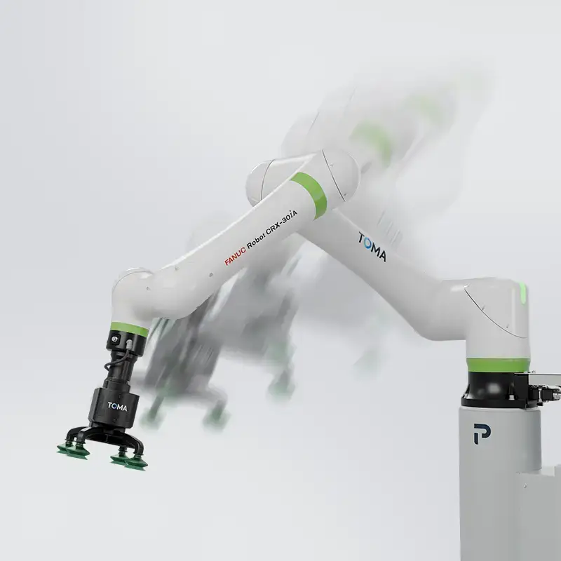 TOMA™ Palletizer cobot arm moving at a controlled collaborative speed with built-in limits on speed and force for safer operation