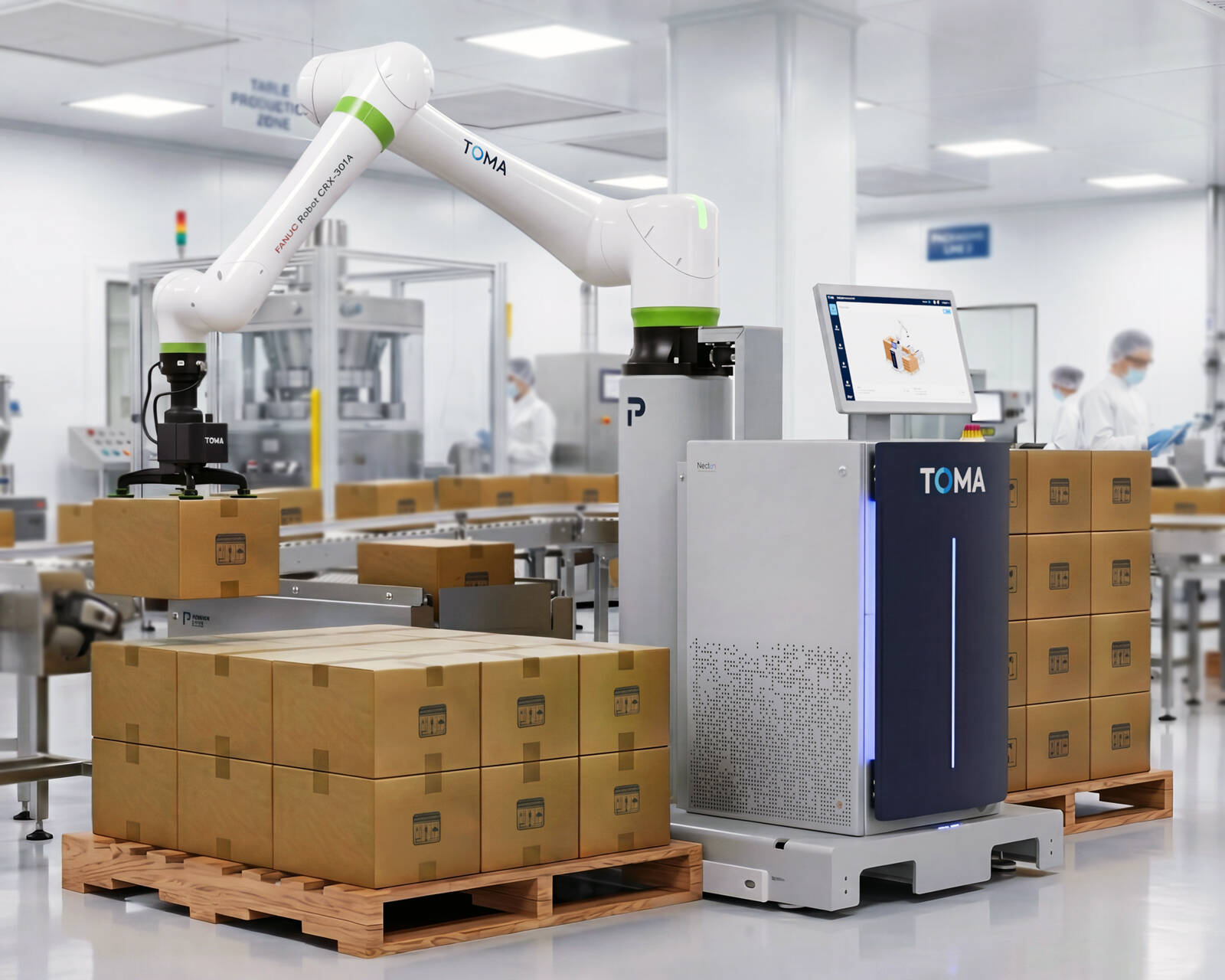 TOMA palletizer stacking boxes in a plat