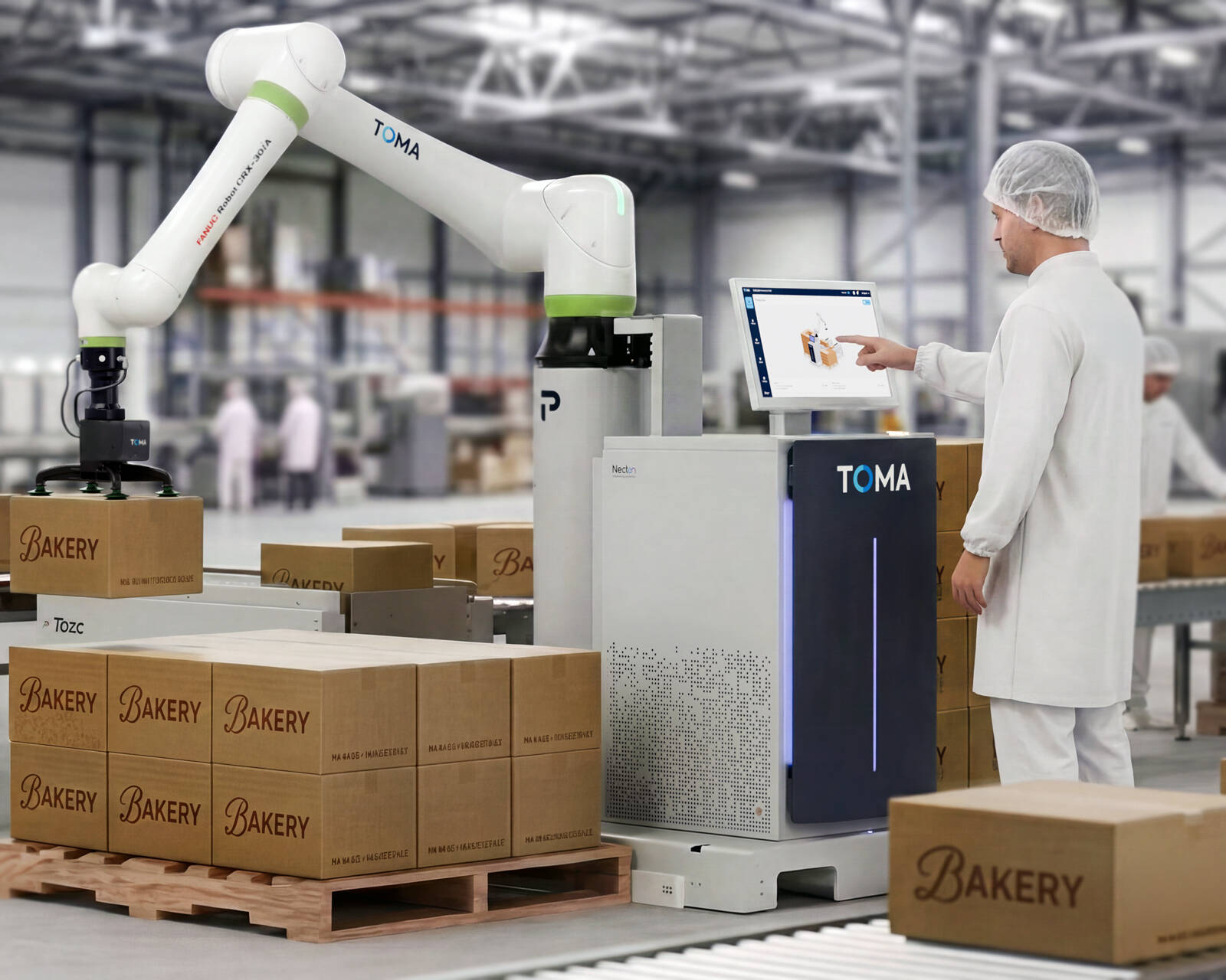 Operator working with a TOMA palletizer in the bakery industry