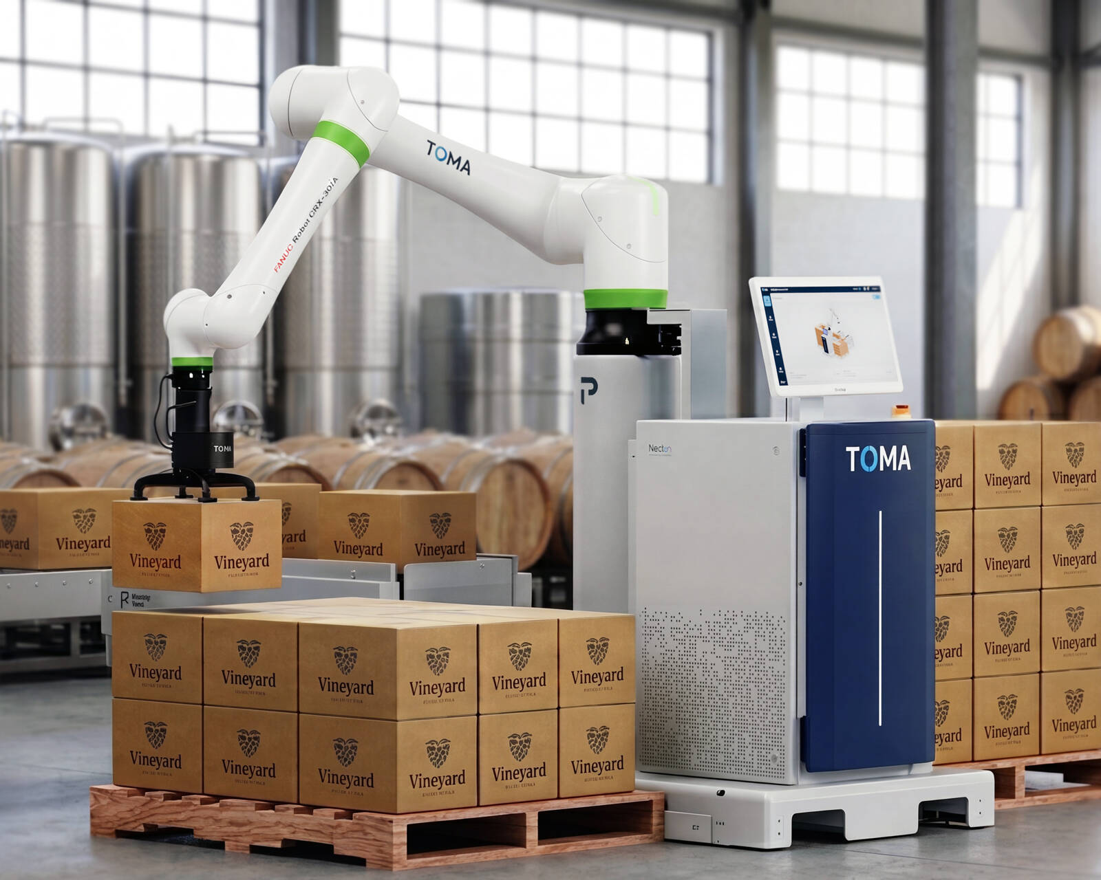TOMA palletizer handling wine cases
